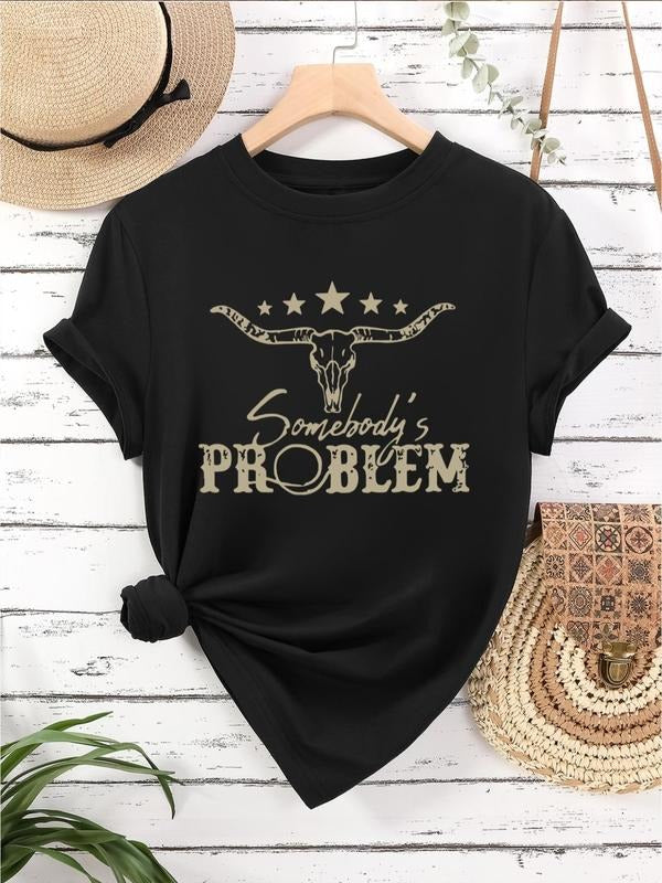 Women's Bull Head & Letter Print Round Neck Tee, Casual Short Sleeve Crew Neck T-Shirt for Daily Wear, Ladies Clothes for...
