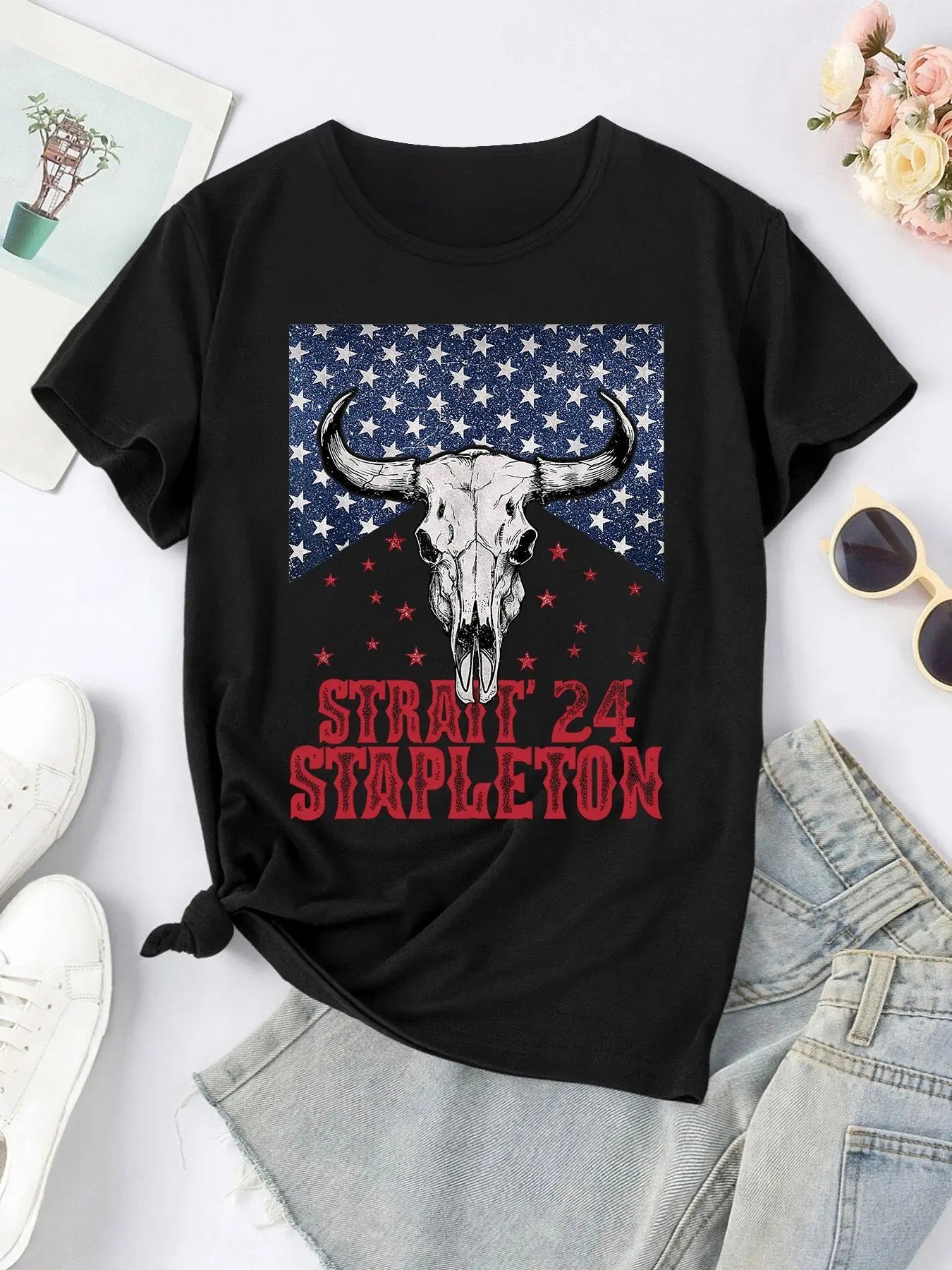 Women's Bull Head & Letter Print Round Neck Tee, Casual Short Sleeve Crew Neck T-shirt for Summer, Fashion Women's Top...