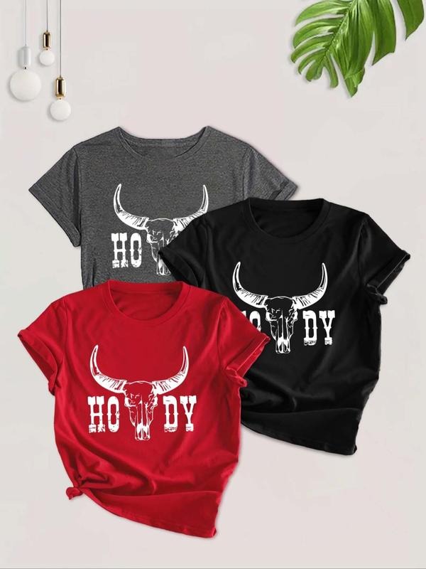 Women's Bull Head & Letter Print Round Neck Tee, Casual Short Sleeve T-shirt, Ladies Summer Outfit for Daily Wear Hoodie,...