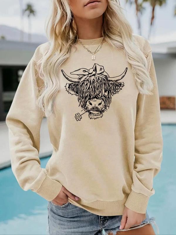 Women's Bull Head Print Crew Neck Pullover Sweatshirt, Casual Long Sleeve Top for Fall & Winter, Women's Clothing for...