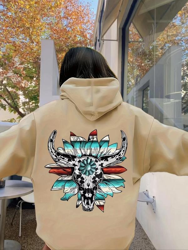 Women's Bull Head Print Drop Shoulder Hoodie, Fashion Casual Drawstring Pocket Hooded Sweatshirt for Daily Holiday...