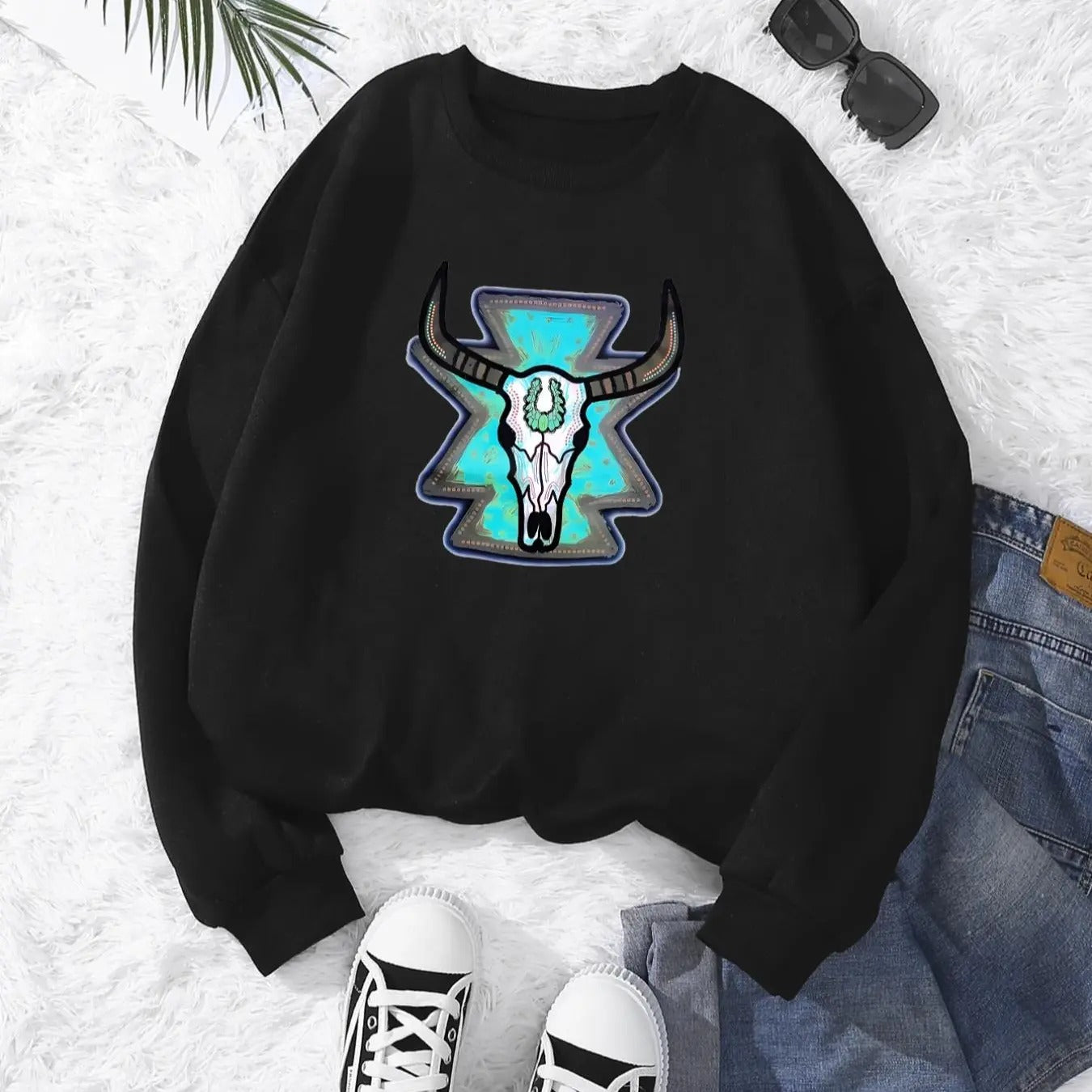 Women's Bull Head Print Drop Shoulder Sweatshirt, Casual Long Sleeve Round Neck Pullover for Fall & Winter, Ladies...