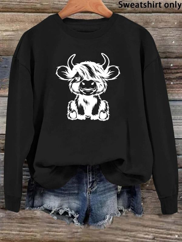 Women's Bull Head Print Drop Shoulder Sweatshirt, Casual Long Sleeve Round Neck Pullover for Fall & Winter, Ladies...