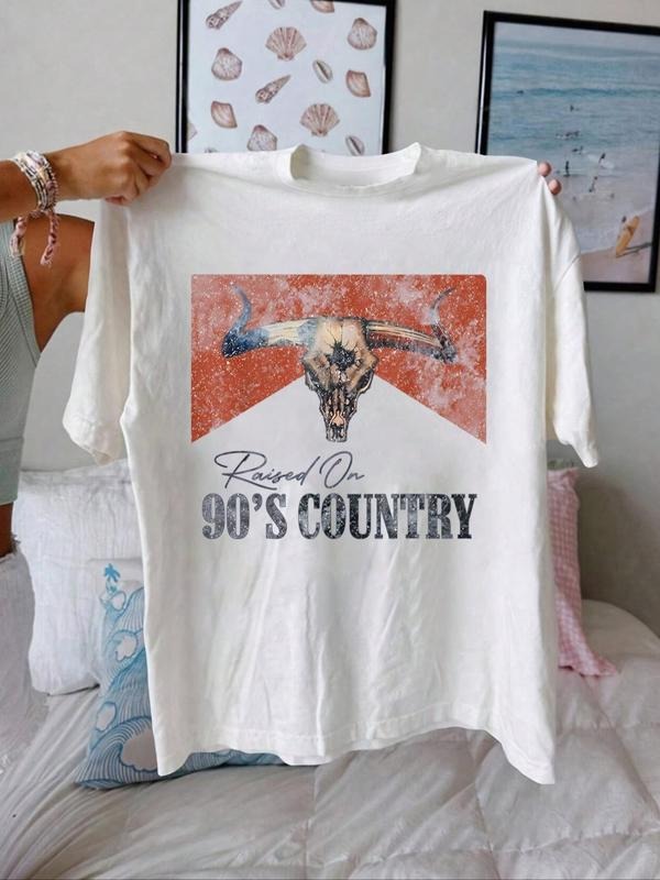 Women's Bull Head Print Round Neck Tee, Casual Short Sleeve Crew Neck T-shirt for Summer, Fashion Women's Top for Daily...
