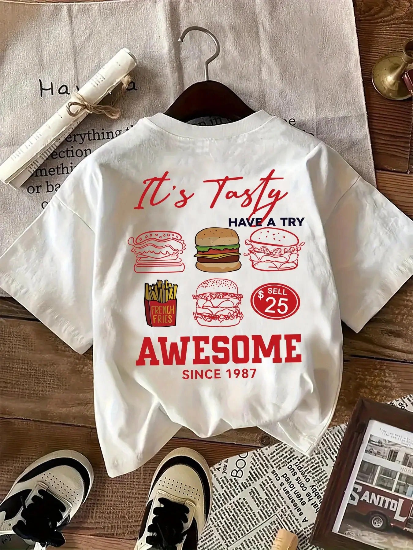 Women's Burger & Fries Print Round Neck Tee, Fashion Casual Crew Neck T-Shirt for Daily Holiday Vacation Outdoor Wear,...