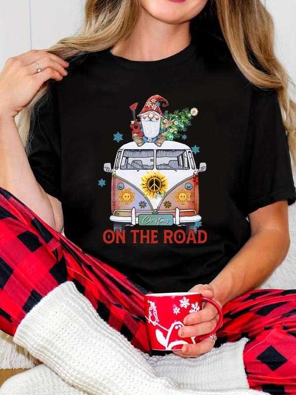 Women's Bus Print Round Neck Tee, Casual Short Sleeve Crew Neck T-Shirt for Summer, Fashion Women's Top for Daily Wear...