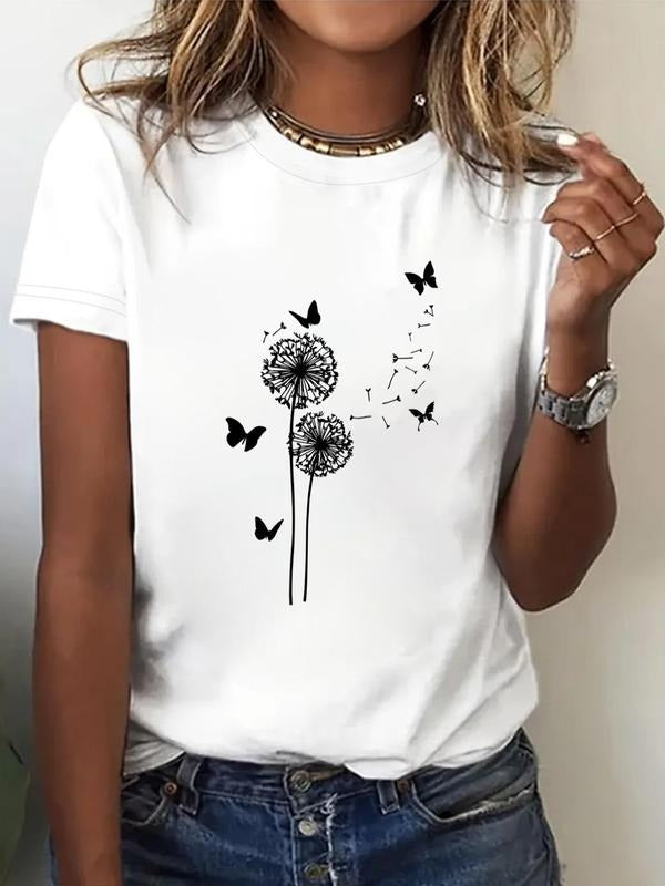 Women's Butterfly &  Dandelion Print Round Neck Tee, Casual Short Sleeve Crew Neck T-shirt for Fall & Winter, Women's Top...