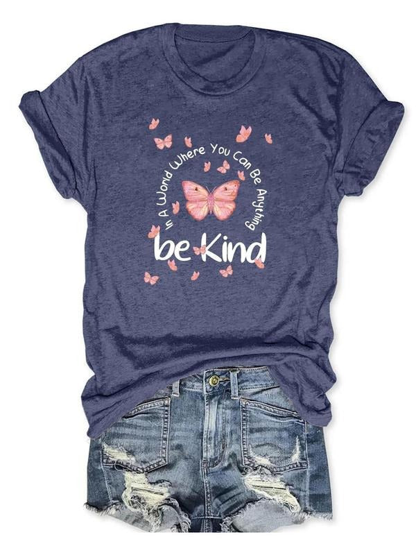 Women's Butterfly & "be Kind" Letter Print Round Neck Tee, Trendy Casual Short Sleeve T-Shirt for Daily Wear, Ladies All...
