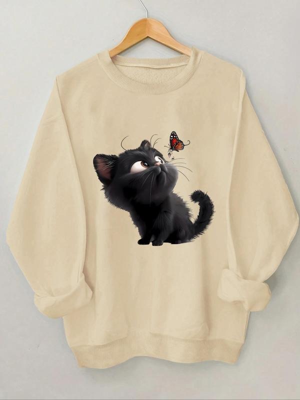 Women's Butterfly & Cat Print Round Neck Sweatshirt, Casual Long Sleeve Crew Neck Pullover for Spring & Fall, Fashion...