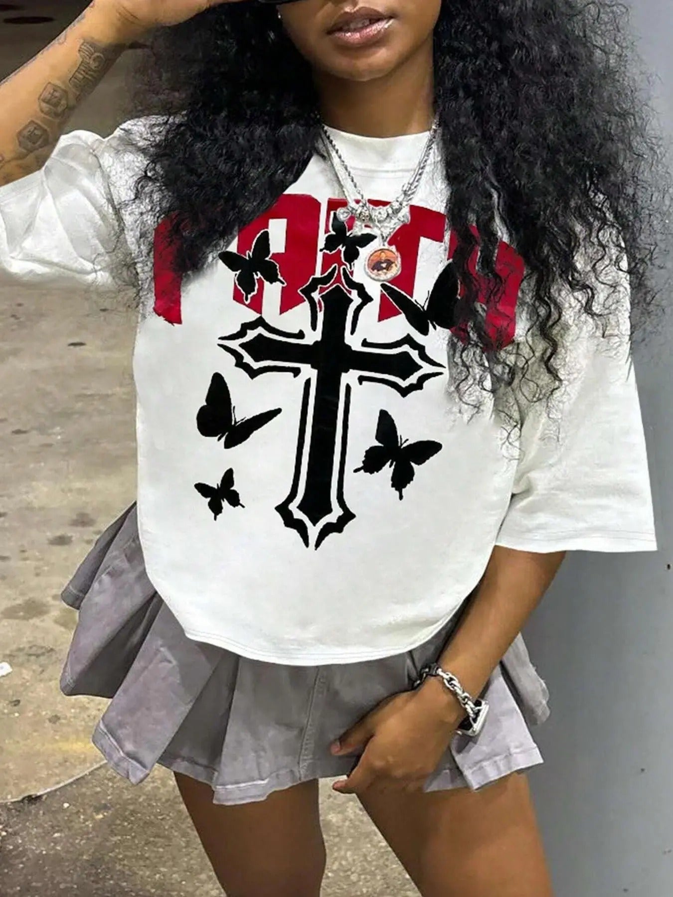 Butterfly & Cross Print Round Neck Casual Half Sleeve Daily Vacation Outdoor Clothes Summer T-Shirts, Hoodie, Sweatshirt