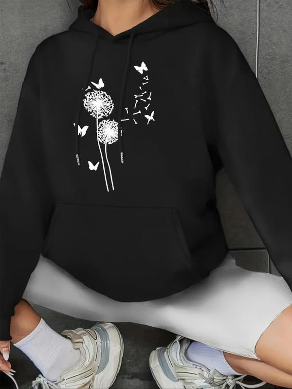 Women's Butterfly & Dandelion Print Drop Shoulder Hoodie, Fashion Casual Drawstring Pocket Hooded Sweatshirt for Daily...