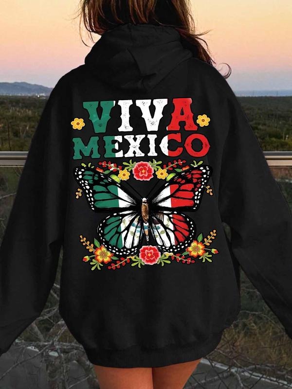 Women's Butterfly & Floral & Letter Print Drop Shoulder Hoodie, Fashion Casual Letter Graphic Drawstring Pocket Hooded...