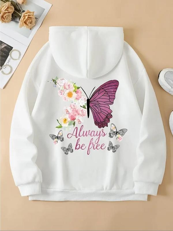 Women's Butterfly & Floral & Letters Print Drop Shoulder Hoodie, Fashion Drawstring Kangaroo Pocket Hooded Sweatshirt for...