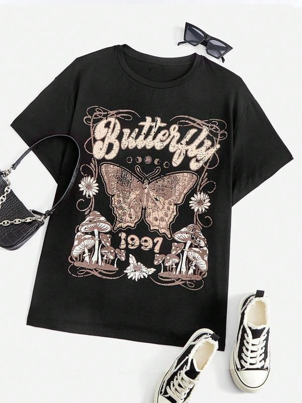 Women's Butterfly & Floral & Mushroom Print Round Neck Graphic Tee, Vintage Trendy Casual Short Sleeve T-shirt for Daily...