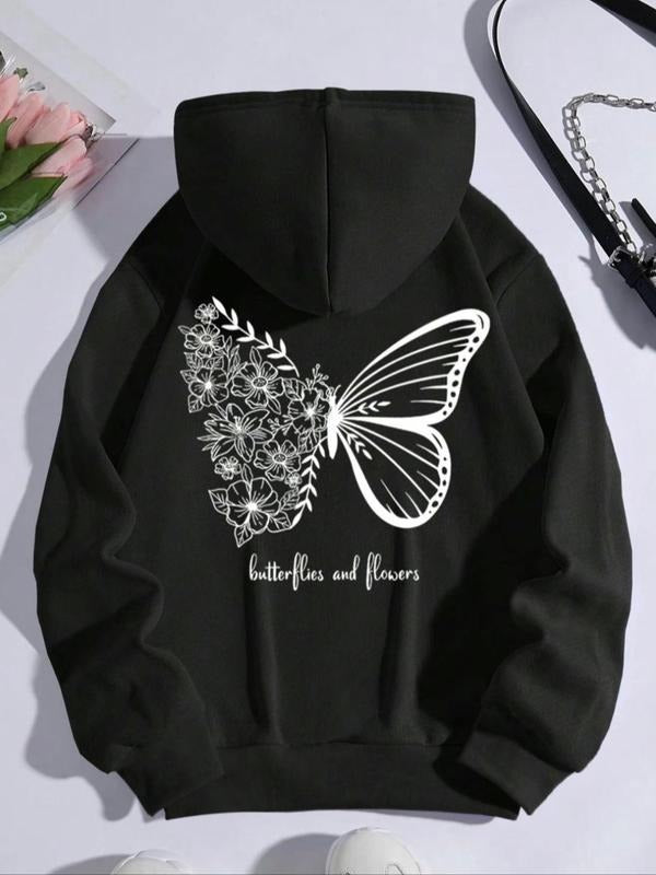 Women's Butterfly & Floral Print Drawstring Pocket Hoodie, Casual Long Sleeve Hooded Sweatshirt for Fall & Winter,...