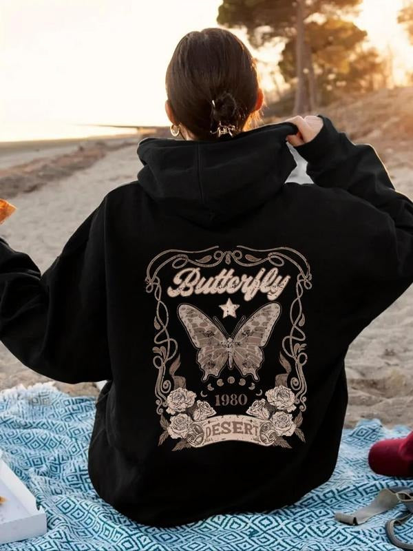 Women's Butterfly & Floral Print Drop Shoulder Hoodie, Fashion Casual Drawstring Pocket Hooded Sweatshirt for Daily...