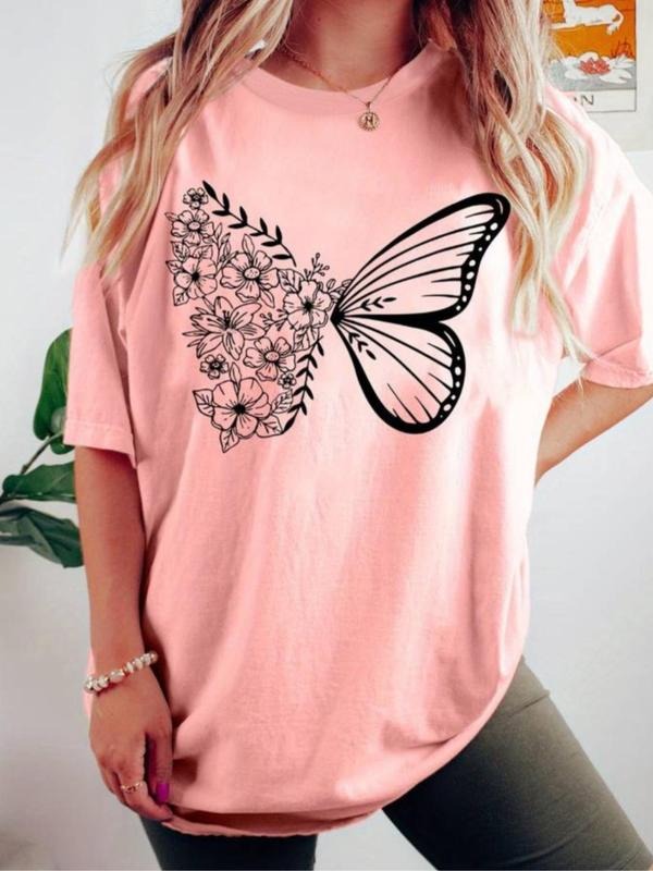Women's Butterfly & Floral Print Drop Shoulder Tee, Casual Half Sleeve Round Neck T-shirt for Summer, Women's Top for...
