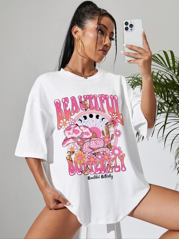 Women's Butterfly & Floral Print Drop Shoulder Tee, Cute Graphic Half Sleeve Round Neck T-shirt for Daily Wear, Fashion...