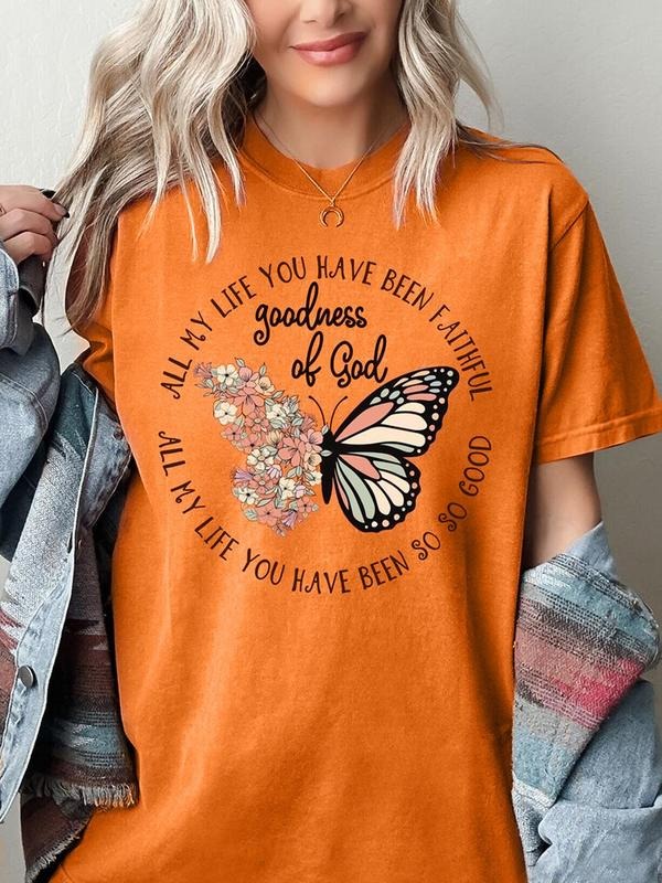 Women's Butterfly & Floral Print Round Neck Graphic Tee, Vintage Trendy Casual Short Sleeve T-shirt for Daily Wear,...