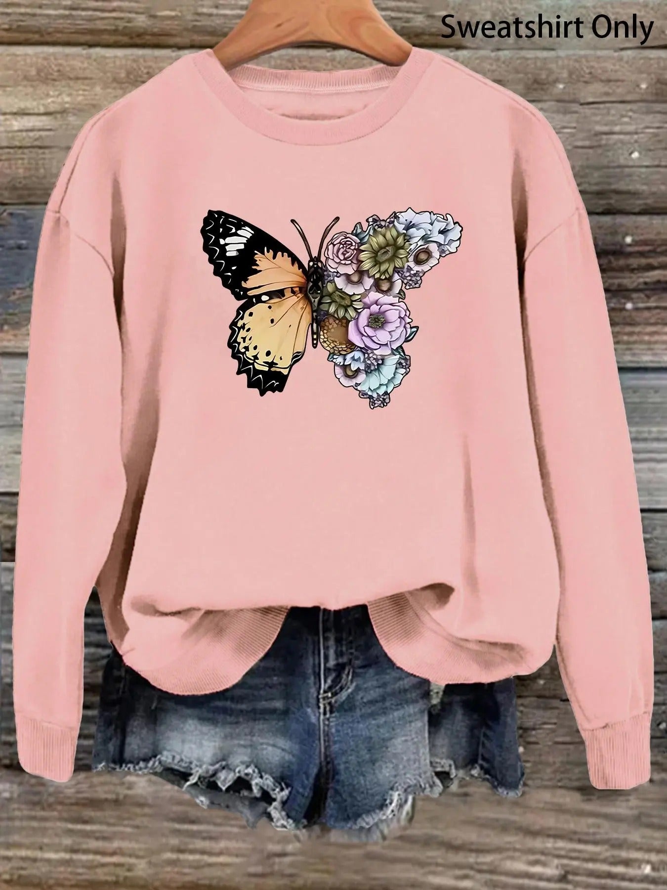 Women's Butterfly & Floral Print Round Neck Sweatshirt, Trendy Long Sleeve Crew Neck Pullover, Ladies' Clothes for All...