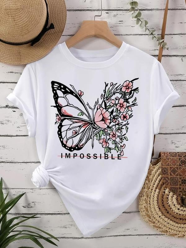 Women's Butterfly & Floral Print Round Neck Tee, Casual Short Sleeve Crew Neck T-Shirt for Daily Wear, Ladies Clothes for...