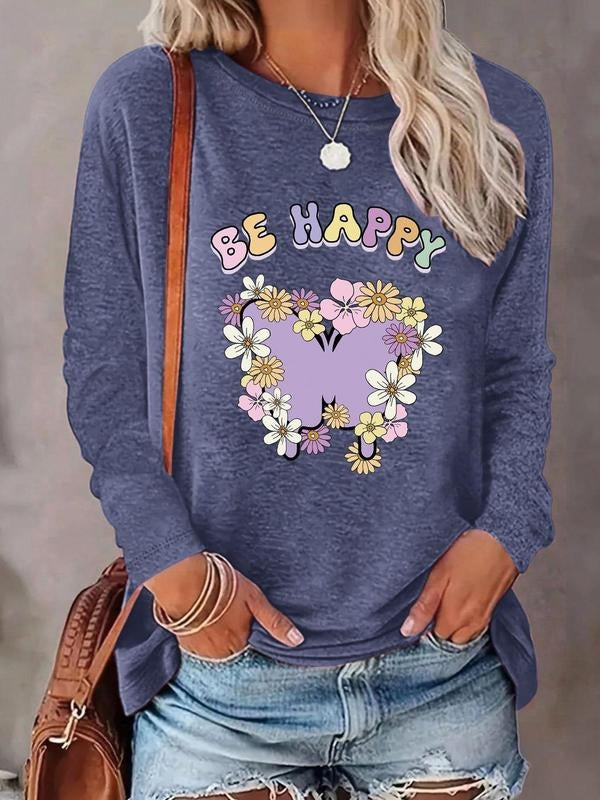 Women's Butterfly & Floral Print Round Neck Tee, Fashion Casual Crew Neck Long Sleeve T-shirt for Daily Holiday Vacation...
