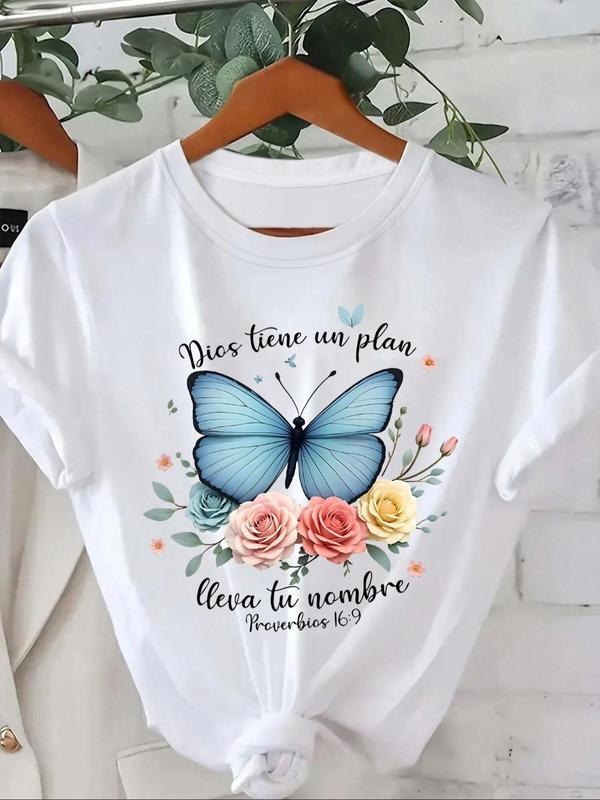 Women's Butterfly & Floral Print Round Neck Tee, Vintage Trendy Casual Crew Neck Short Sleeve T-shirt for Daily Wear,...