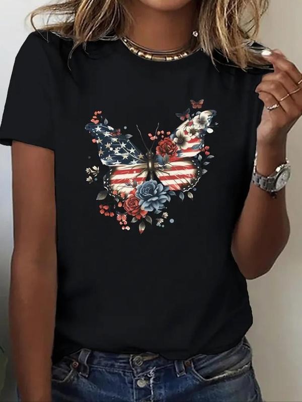 Women's Butterfly & Floral Print Round Neck Tee, Vintage Trendy Casual Short Sleeve T-shirt for Daily Wear, Ladies Summer...