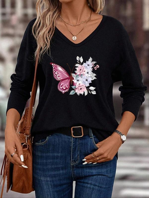 Women's Butterfly & Floral Print V Neck Tee, Casual Long Sleeve T-shirt, Fashion Ladies' Fall Top for Daily Wear Hoodie,...