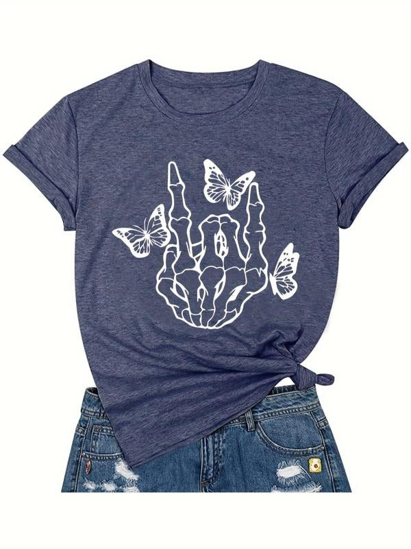 Women's Butterfly & Hand Print Round Neck Tee, Fashion Casual Crew Neck Short Sleeve T-Shirt for Daily Wear, Ladies...