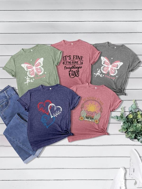 Women's Butterfly & Heart Print Round Neck Tee, Casual Letter & Floral Print Short Sleeve T-shirt, Women's Top for Daily...