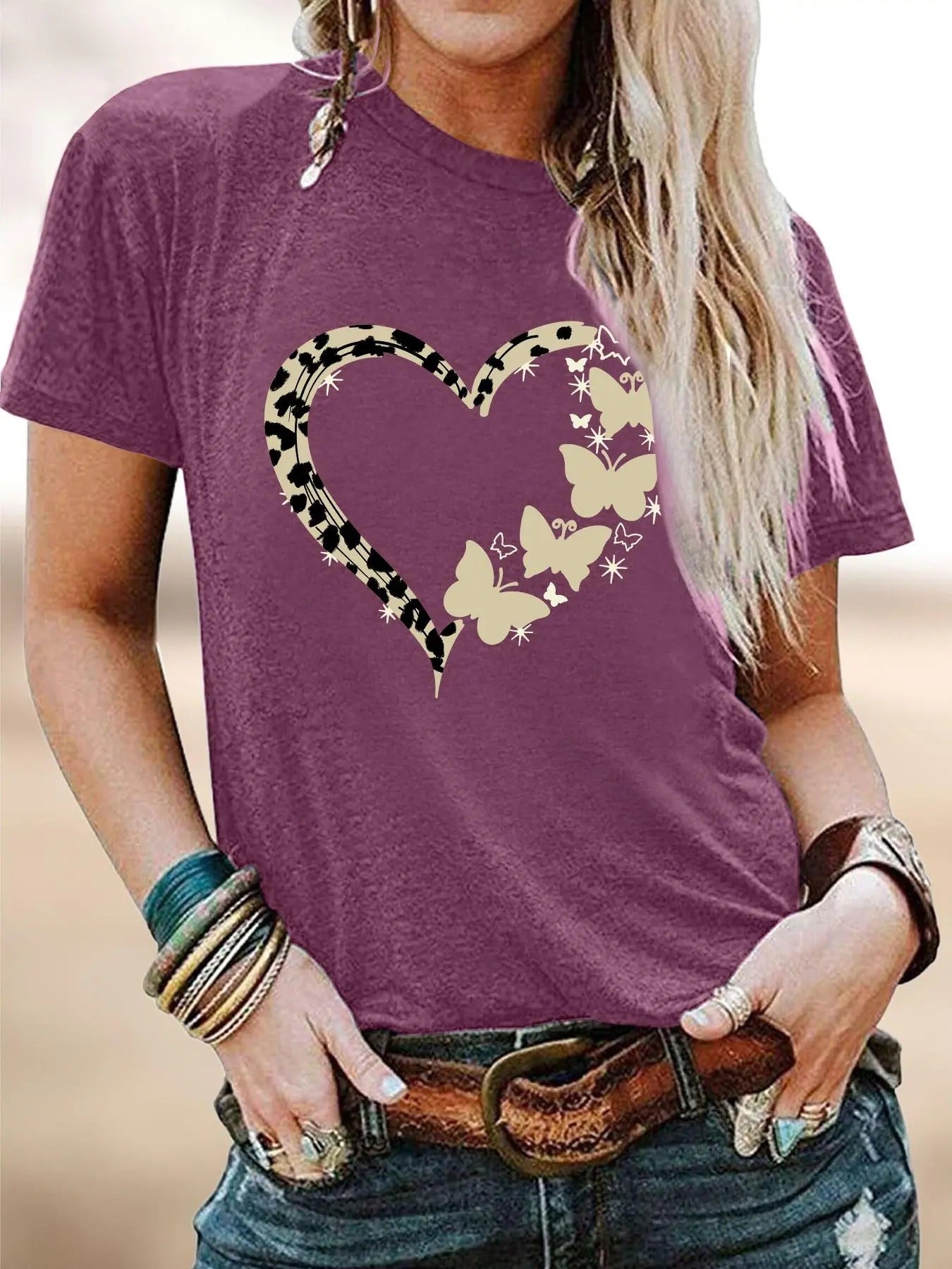 Butterfly & Heart Print Round Neck Casual Short Sleeve Summer Clothes Daily T-Shirts, Hoodie, Sweatshirt