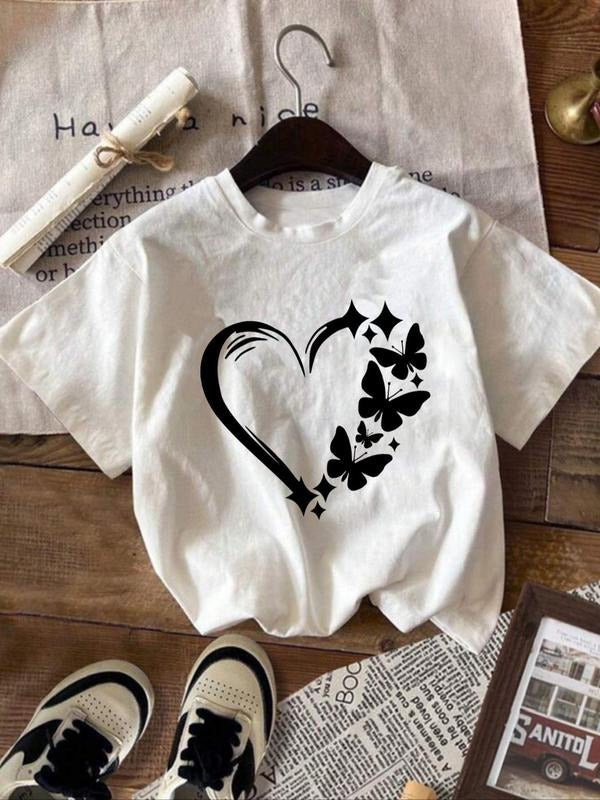 Women's Butterfly & Heart Print Round Neck Tee, Y2K Casual Short Sleeve T-shirt for Daily Wear, Ladies Summer, Top...