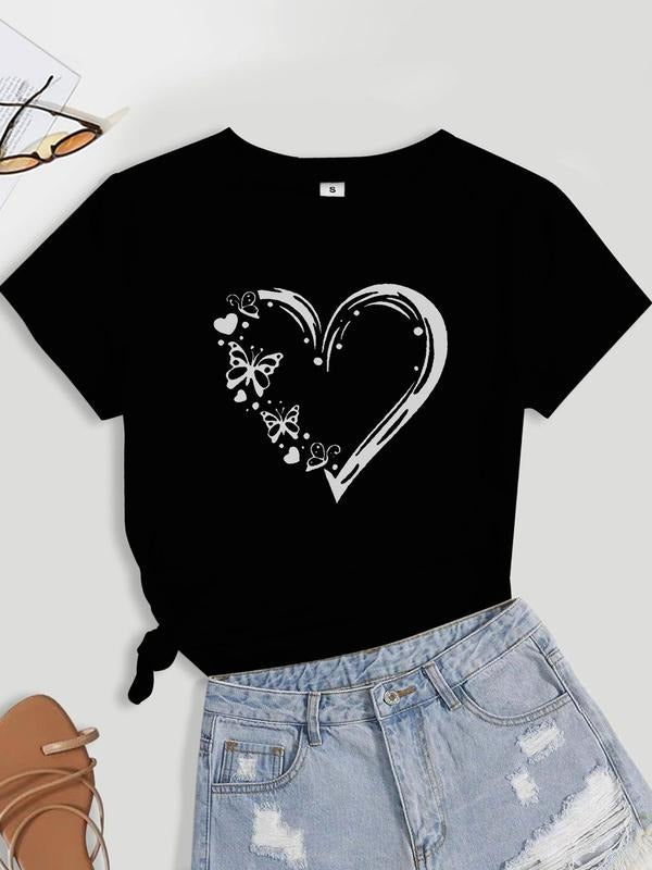 Women's Butterfly & Heart Print Short Sleeve Tee Summer Clothes Women, Casual Round Neck T-Shirt for Summer, Women's Top...