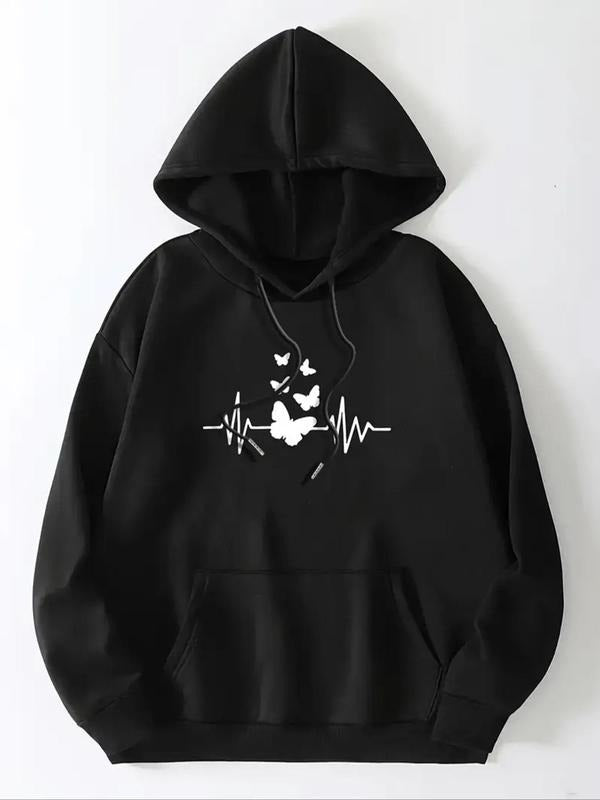 Women's Butterfly & Heartbeat Print Drop Shoulder Hoodie, Fashion Casual Drawstring Pocket Hooded Sweatshirt for Daily...