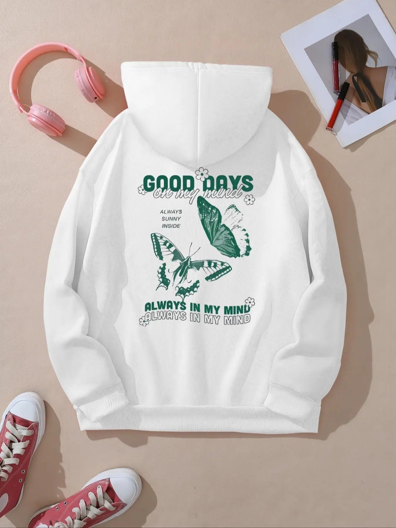 Women's Butterfly & Letter & Flower Print Drawstring Pocket Hoodie, Fashion Casual Hooded Sweatshirt for Daily  Outdoor...