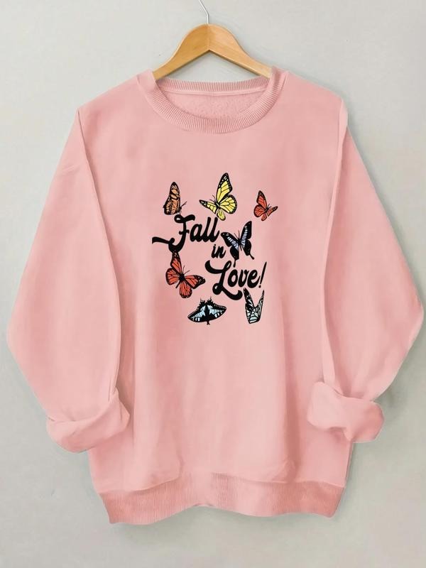 Women's Butterfly & Letter Print Crew Neck Sweatshirt, Casual Drop Shoulder Long Sleeve Pullover, Women's Fall & Winter...