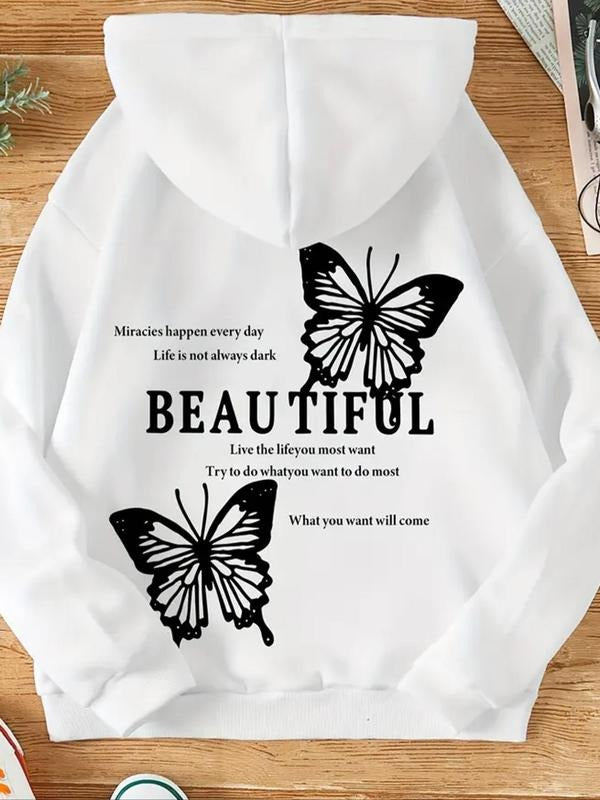 Women's Butterfly & Letter Print Drawstring Hoodie, Fashion Casual Hooded Sweatshirt for Daily Holiday Outdoor Wear,...