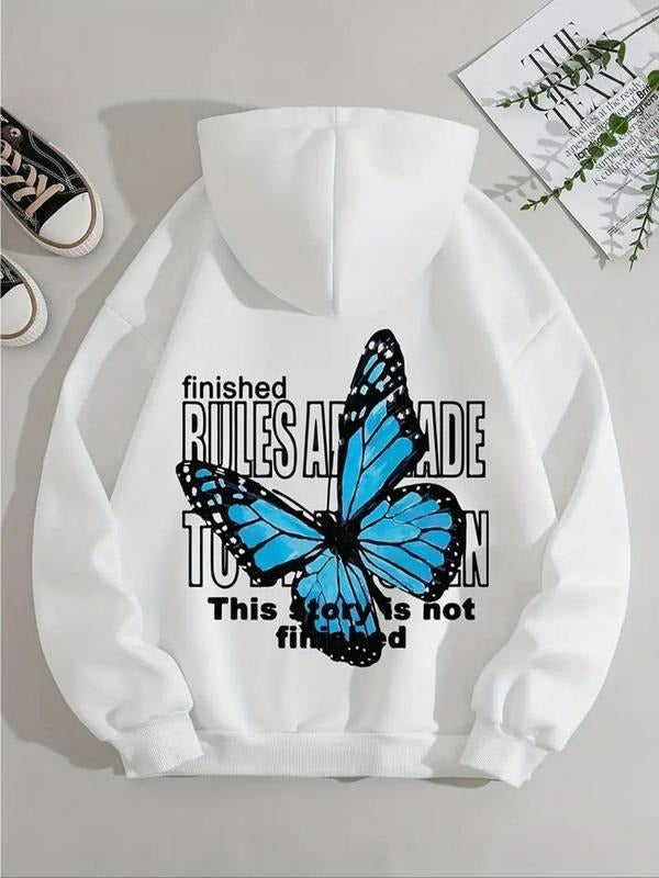 Women's Butterfly & Letter Print Drawstring Hoodie, Fashion Casual Hooded Sweatshirt for Daily Holiday Outdoor Wear,...