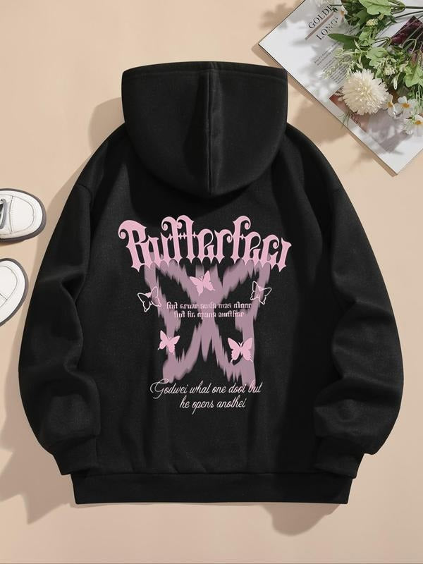 Women's Butterfly & Letter Print Drawstring Hoodie, Fashion Casual Hooded Sweatshirt for Daily Holiday Outdoor Wear,...