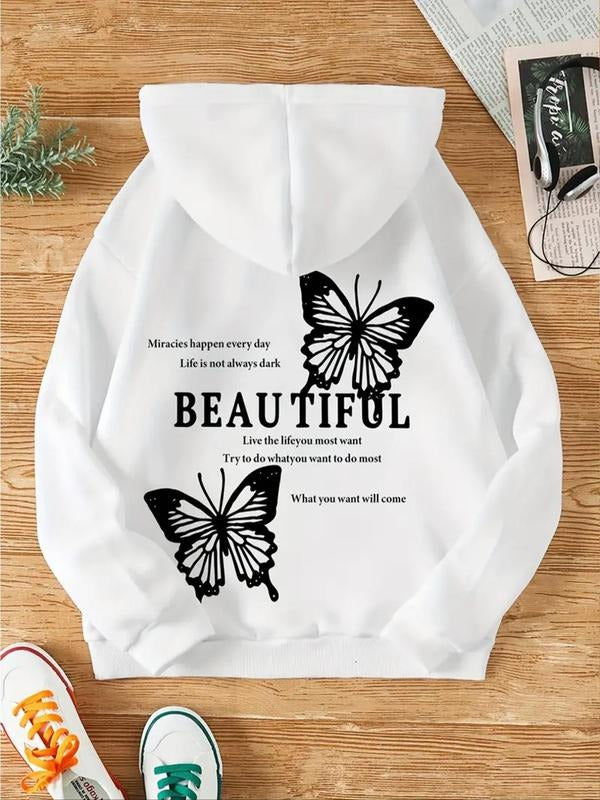 Women's Butterfly & Letter Print Drawstring Hoodie, Fashion Casual Hooded Sweatshirt for Daily Holiday Outdoor Wear,...