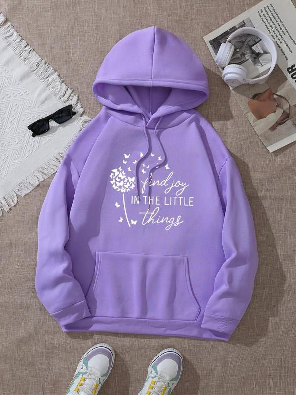 Women's Butterfly & Letter Print Drawstring Pocket Hoodie, Casual Drop Shoulder Long Sleeve Hooded Sweatshirt, Ladies...