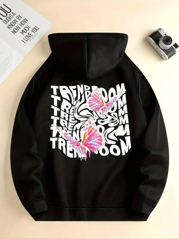 Women's Butterfly & Letter Print Drawstring Pocket Hoodie, Fashion Casual Hooded Sweatshirt for Daily Holiday Outdoor...