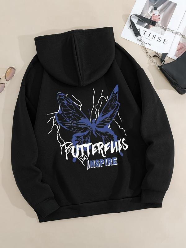 Women's Butterfly & Letter Print Drawstring Pocket Hoodie, Fashion Casual Hooded Sweatshirt for Daily Holiday Outdoor...