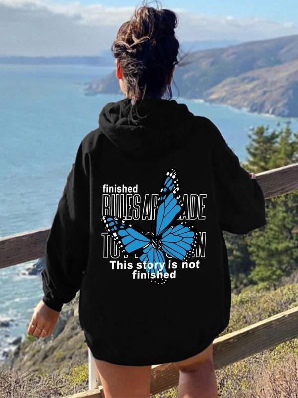 Women's Butterfly & Letter Print Drop Shoulder Hoodie, Fashion Casual Drawstring Pocket Hooded Sweatshirt for Daily...