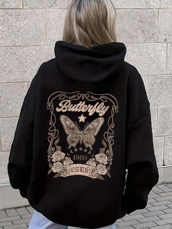 Women's Butterfly & Letter Print Drop Shoulder Hoodie, Fashion Casual Drawstring Pocket Hooded Sweatshirt for Daily...