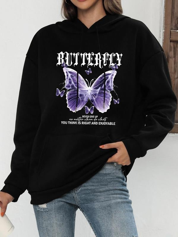 Women's Butterfly & Letter Print Drop Shoulder Hoodie, Fashion Casual Drawstring Pocket Hooded Sweatshirt for Daily...
