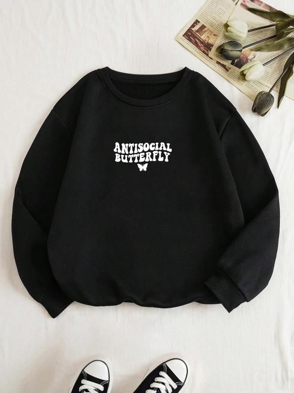 Women's Butterfly & Letter Print Drop Shoulder Pullover, Casual Long Sleeve Crew Neck Sweatshirt for Fall & Winter,...