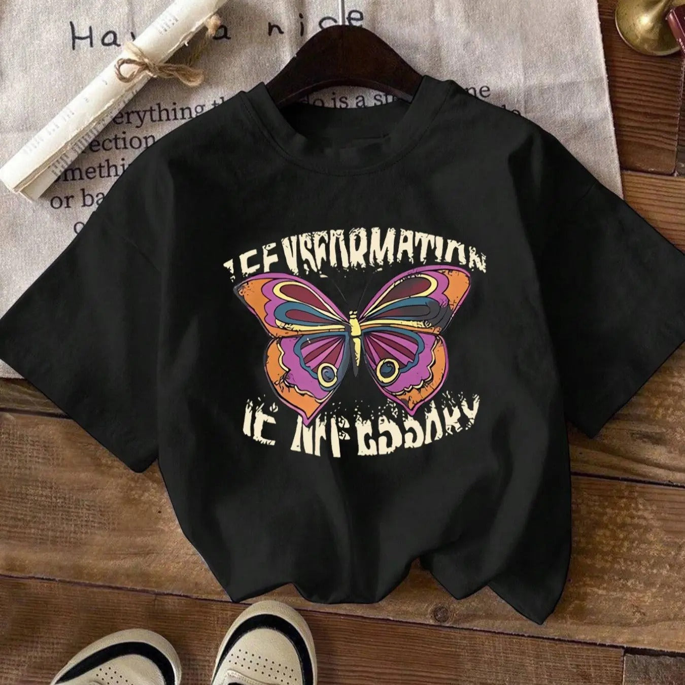 Women's Butterfly & Letter Print Drop Shoulder Tee, Casual Short Sleeve Round Neck T-shirt for Daily Wear, Ladies...