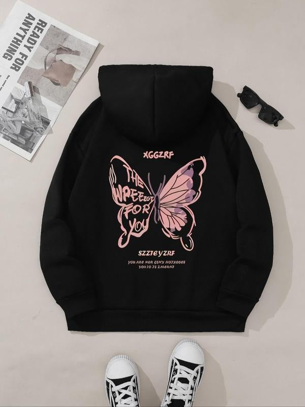 Women's Butterfly & Letter Print Hoodie, Fashion Casual Cartoon Graphic Hooded Sweatshirt for Daily Holiday Outdoor Wear,...